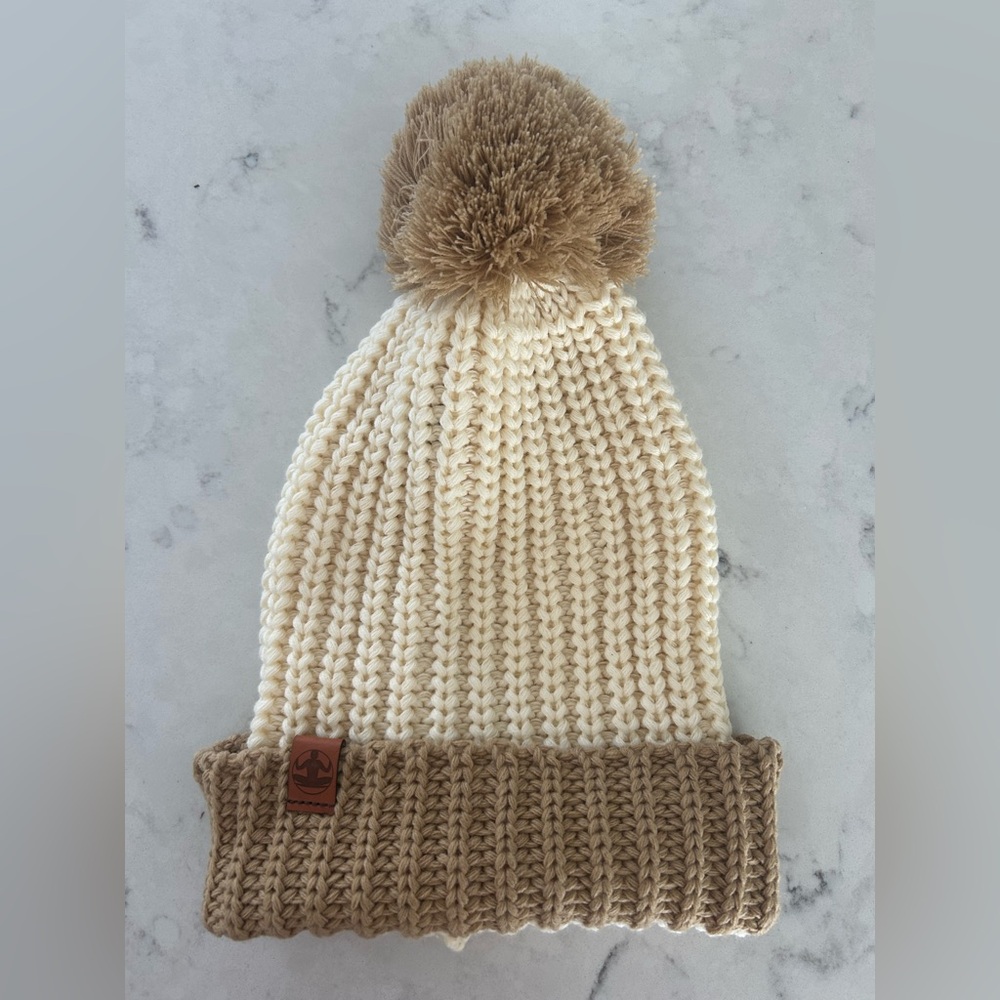 Levitate Brand Knit Pom-Pom Beanie - Cream and Tan
